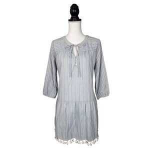 Marabelle Light Blue Tassel Fringe Trim Casual Cotton Dress Size Large